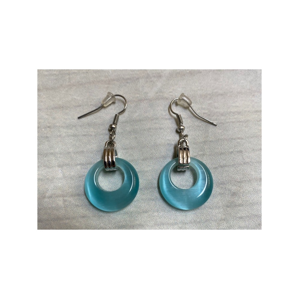 Turquoise Blue Cats Eye Donut Drop Earrings Silver Tone French Hook Dangles